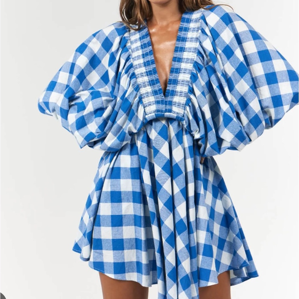 Laboheme Essie mini blue gingham dress BNWT S/M